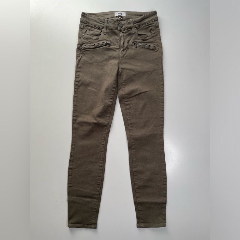 PAIGE Indio Zip Jeans Womens 28 (27x27) Green Skinny Denim Zipper Front Mid Rise